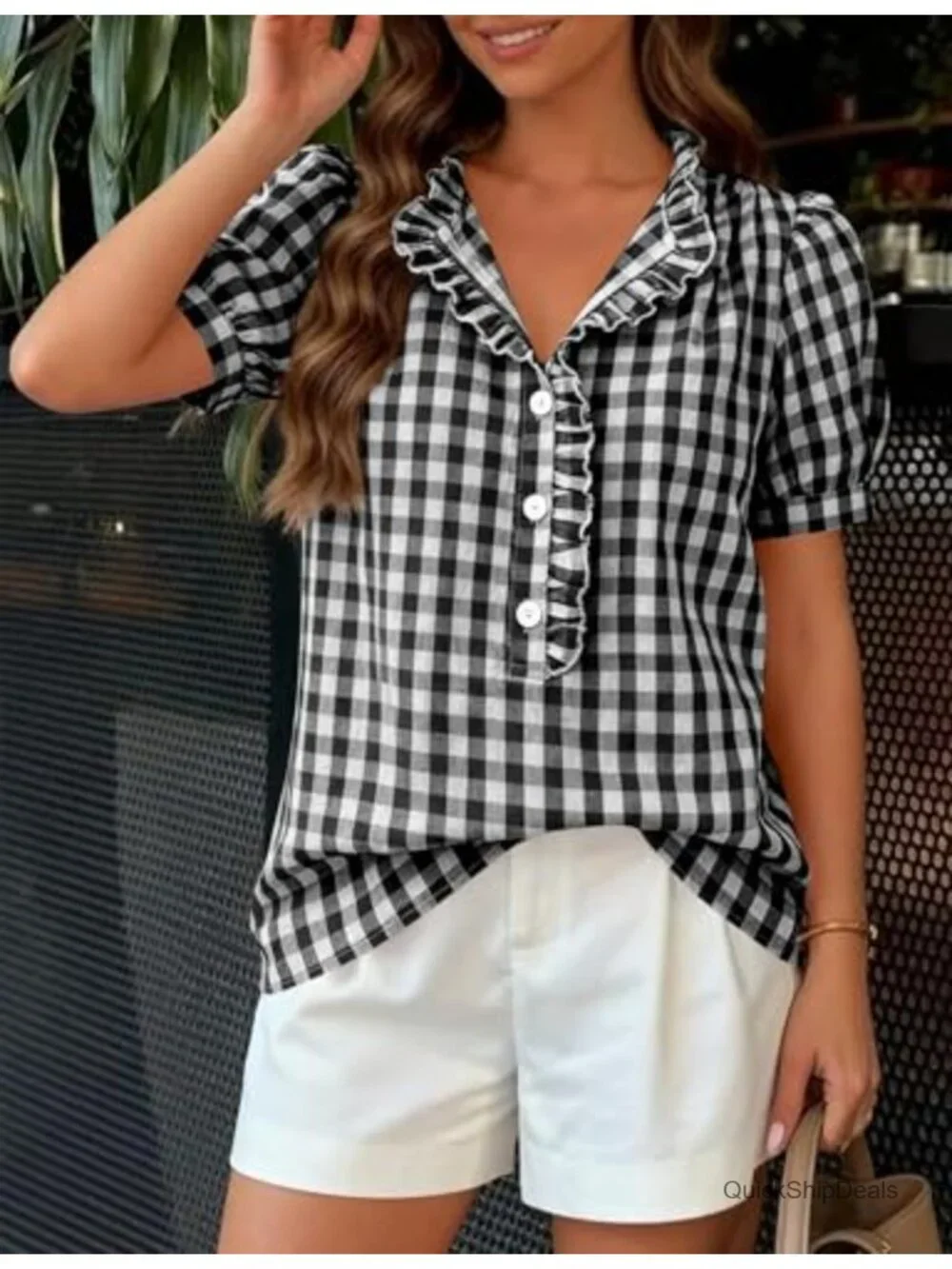 Puff Short Sleeve V Neck Ruffle Button Down Shirt Blouse